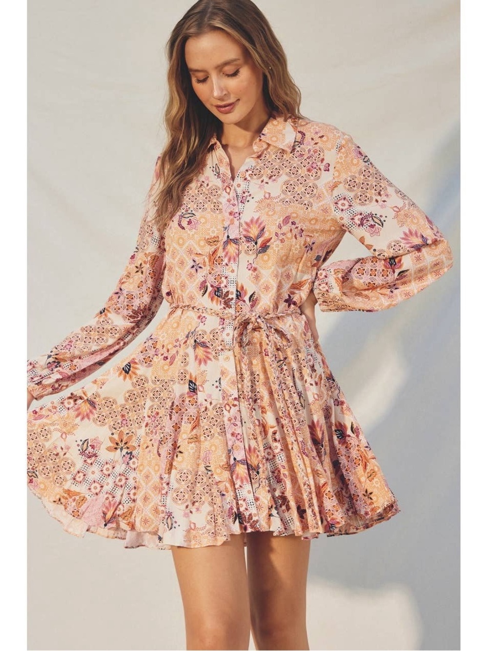 Dress Forum Peach Floral Button-Front Tie-Waist Mini Dress